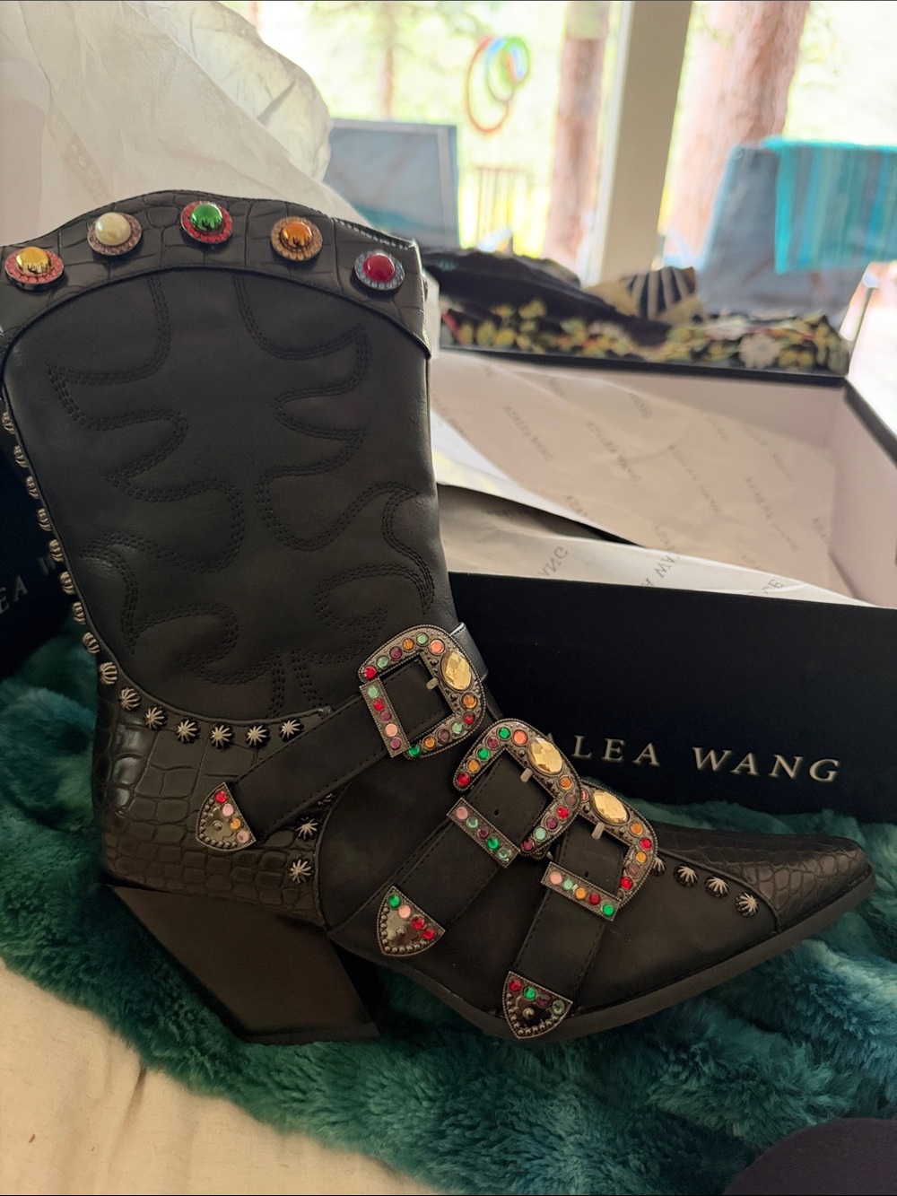 Azalea Wang Black Western Ankle Boot with Multicolor Gem Buckles